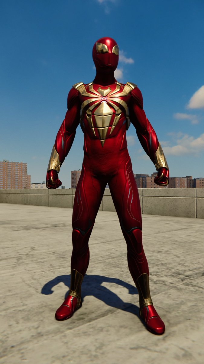 ◦ Iron Spider Armor ◦⌁ suit power: none⌁ original iron spider from the comics hell yeah⌁ not usually a huge fan of gold but this is badass⌁ love the gauntlet webshooters⌁ the iron man blasters on the hands and feet.. love it⌁ obtained during the 'turf wars' dlc