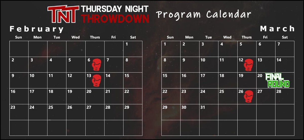 everydayesport's tweet photo. The Thursday Night Throwdown February-March calendar is here! 

Only 2 weeks in February and March are confirmed so far, but stay tuned as we attempt to add Thursdays where we can. https://t.co/y3KrgW7PI5