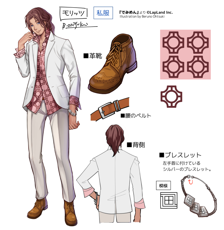 #でみめん
#でみめんデザイン
【モリッツ2/2】
(良い具合に)力が抜けているので、ダランとなで肩っぽく見えます。よく喋ってくれる彼ですが、眉尻と目尻は敢えて髪に透けない仕様で、本心は見えにくい感じになっています。シャツの色柄やブレスは指定でしたが、ピンクに塗れたのが楽しかったです。