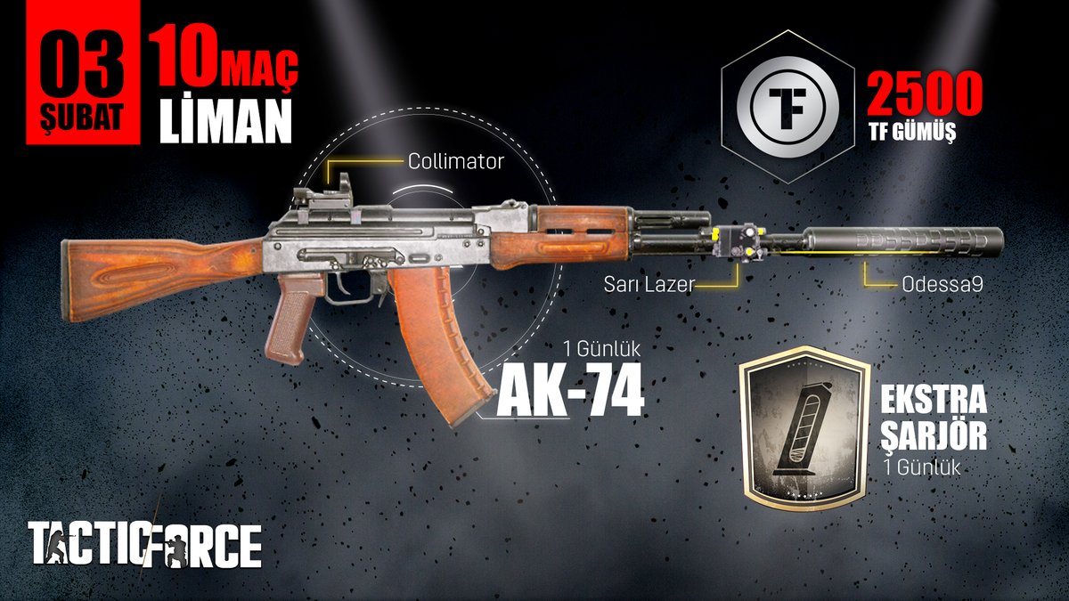 tacticforcegame's tweet photo. Bugün Liman haritasında 10 maç atan herkes Full AK-74 Taarruz Tüfeği, Ekstra Şarjör ekipmanı ve 2.500 TFG kazanıyor! Hadi hemen oyuna! 

Tactic Force: Ücretsiz Oyna, Bileğinle Kazan!

#TacticForce #MMOFPS #Oyun #Oyuncu #Game #FPS #OyunHaberleri #TürkOyunu #MilliOyun #Games https://t.co/ZiJBMeV0m7
