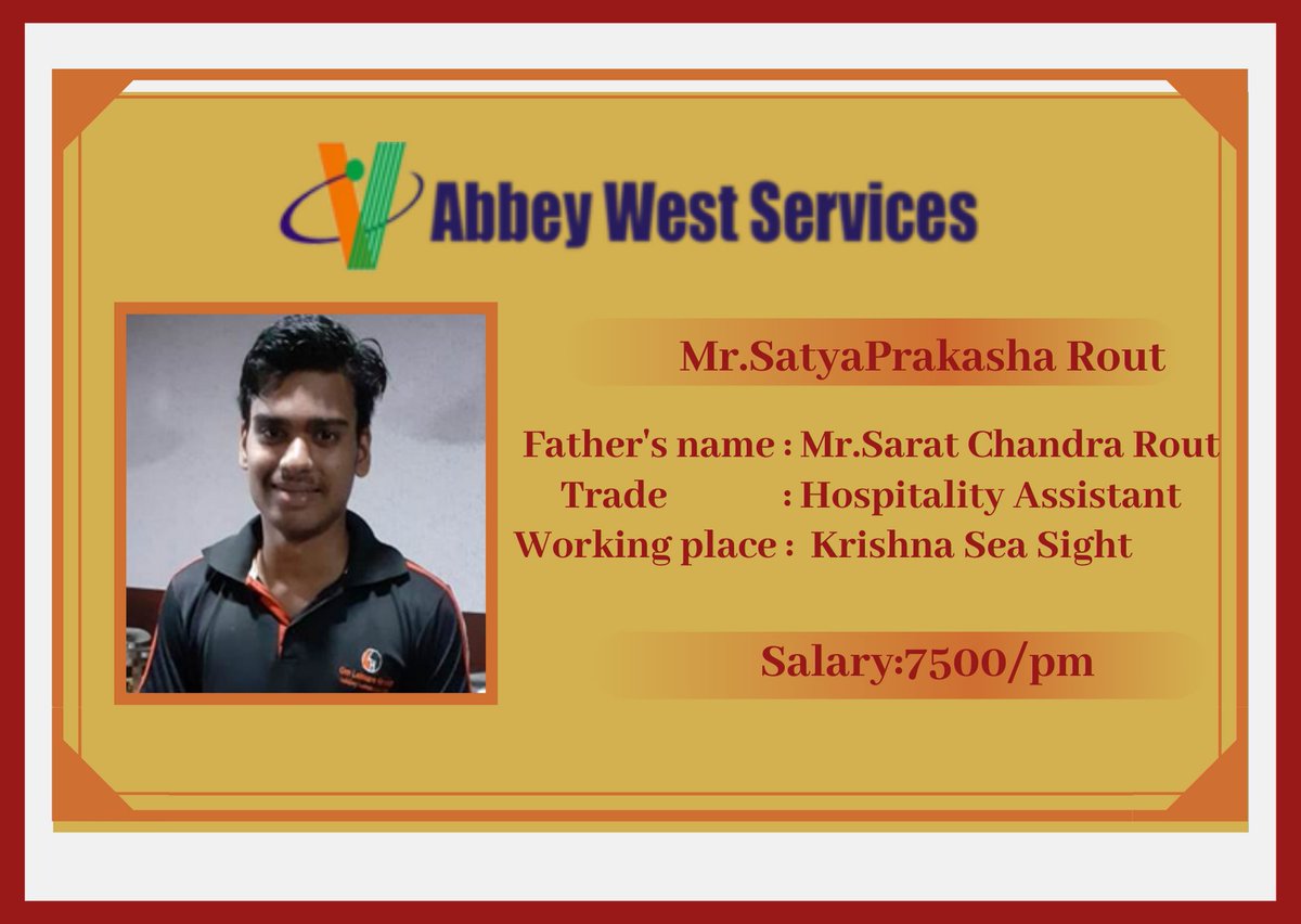 AbbeyWest2010's tweet photo. Your positive action combined with positive thinking, Result in success. Self-belief and your hard work will always earn you success. Congratulation Mr.SatyaPrakasha Rout. #abbeywest #skillindia #skillkibari #Successstory #nsdc #MSDESkillIndia #DivyaKaushal #IndiaSkills2020 https://t.co/ZepKAdtYwL