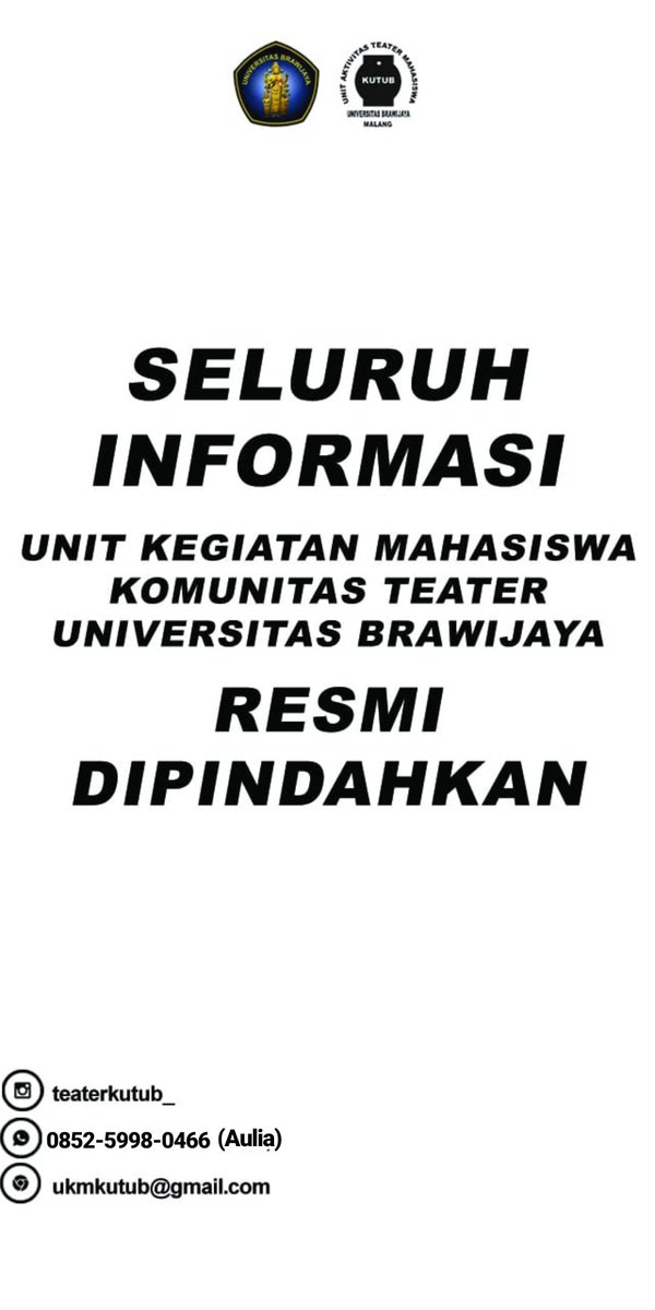 Assalamualaikum 
Selamat siang 
Salam budaya 

Dengan ini kami menginfokan pemindahan akun instagram Teater Kutub dari akun yg lama ke akun yg baru karena terjadi deactive dari pihak instagram. 

Terima Kasih teman-teman
Waasaalamualaikum wr.wb
Narahubung : 
085259980466 (Aulia)