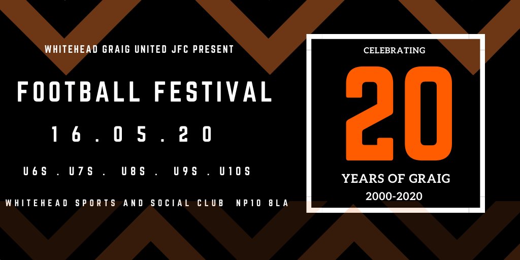 Join us in celebrating 20 years of Graig at our football festival on Saturday 16th May 2020. We have spaces for clubs from u6s, u7s, u8s, u9s and u10s. Enter here: docs.google.com/forms/d/e/1FAI… #graig2020