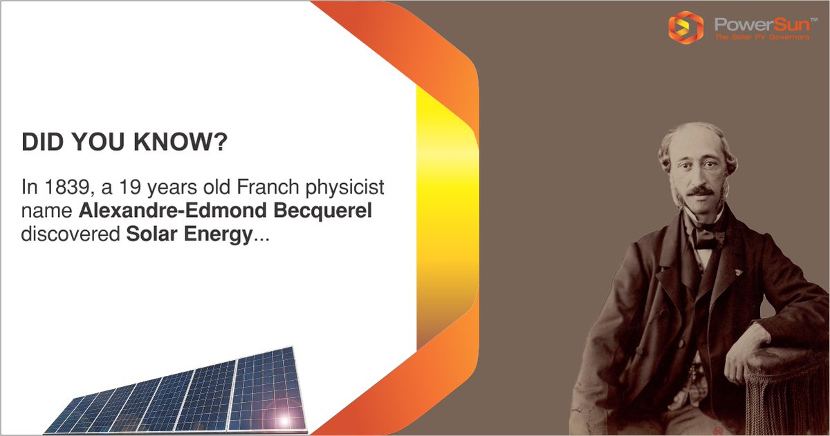 PowerSunIndia's tweet photo. DID YOU KNOW?

Alexandre-Edmond Becquerel discovered that there is a creation of voltage when a material is exposed to light which led to #SolarEnergy discovery.
Little did he know that his discovery would lay the foundation for #solarpower.

#RenewableEnergy #discovery #science https://t.co/eVlWLliOWb