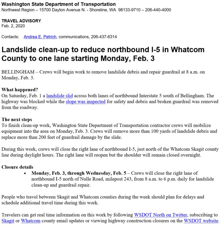 An image of the travel advisory telling travelers that a lane of northbound I-5 will close at 8 a.m. Monday, Feb. 3.