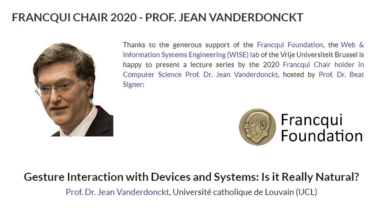 beatsigner's tweet photo. Inaugural Francqui Chair 2019-2020 lecture on 'Gestural Interaction, is it Really Natural?', February 20, @VUBrussel, free registration: https://t.co/eTjwYenF1V #VUB_WISE  #VUBrussel #DINFVUB #LouRIM_UCLouvain #gesture #HCI #CHI #Francqui @jeanvdd https://t.co/H2W2ygHFKf
