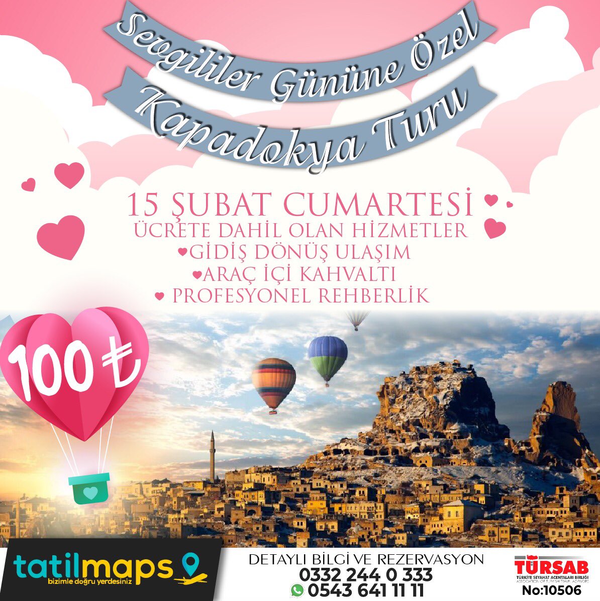 💝Sevgililer Gününe Özel❤️🧿
15 Şubat Cumartesi Günübirlik Kapadokya Turu

🔴Kişi Başı Sadece 100 ₺

Detaylı Bilgi ve Rezervasyon;
☎️0332 244 0 333
📱0543 641 11 11 

#tatilmaps #semazenturizm #bizimledoğruyerdesiniz