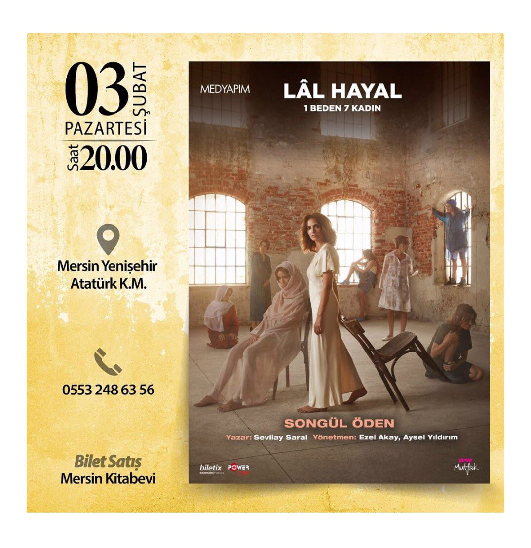 📌Lal Hayal <a href="/medyapimresmi/">MEDYAPIM</a> 
🗓️  3 Şubat Bugün / 20.00 Mersin Yenişehir AKM
 Songül Öden’in tiyatro oyunu Mersin’de.
Sitemize de bekleriz: mersinyasamrehberi.com

#mersin #tiyatro #oyun #silifke #tarsus #erdemli #mezitli #mersinetkinlik #songülöden #songuloden #ezop #ezelakay