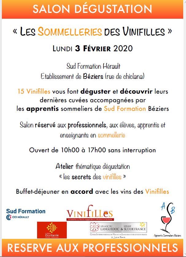Vinifilles's tweet photo. 🍷LES SOMMELLERIES DES VINIFILLES🖌
Un salon de 15 d’entre elles qui débute à 10h ce jour à #SudFormation #Béziers. Réservé aux professionnels, vous pourrez déguster toute la journée grâce aux apprentis sommeliers du centre de formation.
#Occitanie #FemmesDeVin #vigneronnes https://t.co/94z4YpfZ48