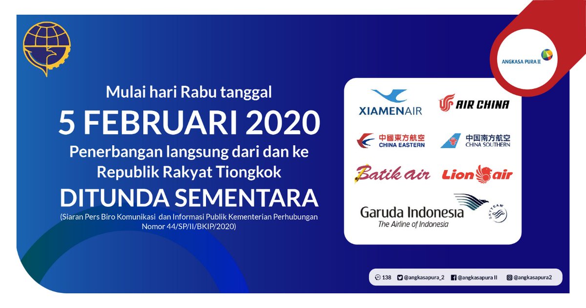 Flights Update:

Mulai Rabu, 5 Februari 2020 pukul 00.00, penerbangan langsung dari dan ke Republik Rakyat Tiongkok di bandara Soekarno-Hatta @CGK_AP2 ditunda sementara.