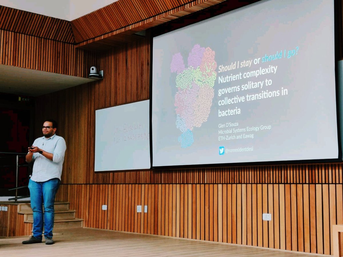 NCBStheory's tweet photo. Now, @nonresidentdesi (@ETH_en) delivers a short talk on,
"#Environmental #NutrientComposition Dictates Solitary to Collective Behavioural Transitions in #Bacterial Populations"
He describes how diff. in substrates can trigger switching btwn #collective vs. #solitary behaviour! https://t.co/ncAtxKRwWJ