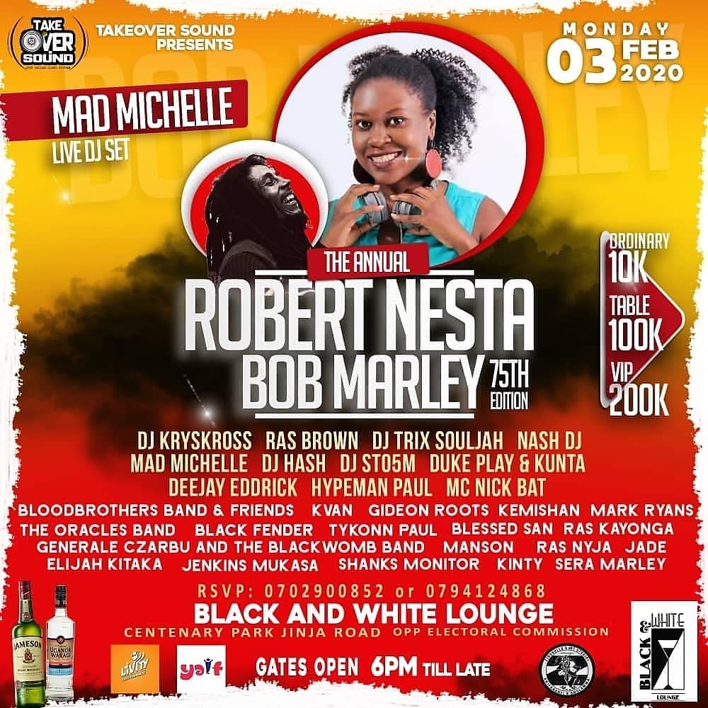 MadMichelleSpin's tweet photo. It's Bob Marley Earthstrong week and TONIGHT we hold a vibe at #ReggaeXpressMondays for a special edition.
Loads of DJs and live performances by artistes.
Entrance 10K β VIP tables of 5 go for 100K & 200K.
Powered by #TakeoverSound
LINK UP!! #BobAt75 https://t.co/0WhLRb6ZZL