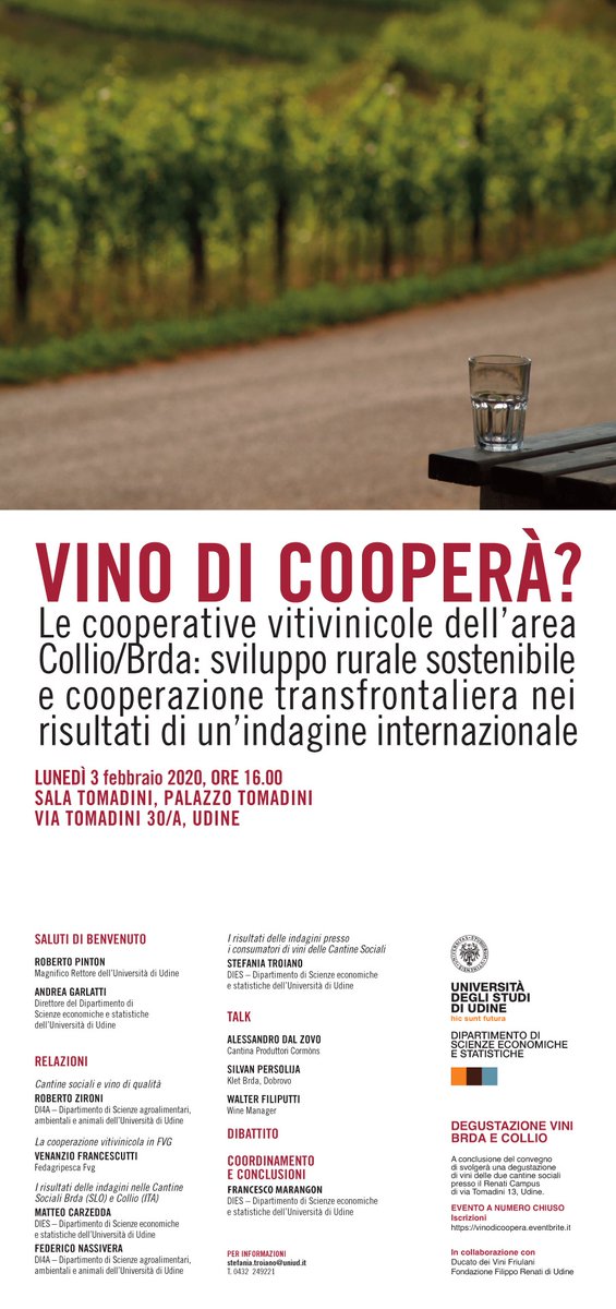CCormons's tweet photo. Vino di Cooperâ? Le cooperative vitivinicole dell'area Collio/Brda. 
Appuntamento lunedì 3 febbraio, ore 16, in sala Tomadini-Udine. 
Presentati i primi risultati di un’indagine sul ruolo delle cantine sociali nello sviluppo rurale sostenibile e la cooperazione transfrontaliera. https://t.co/TIeEn3e64X