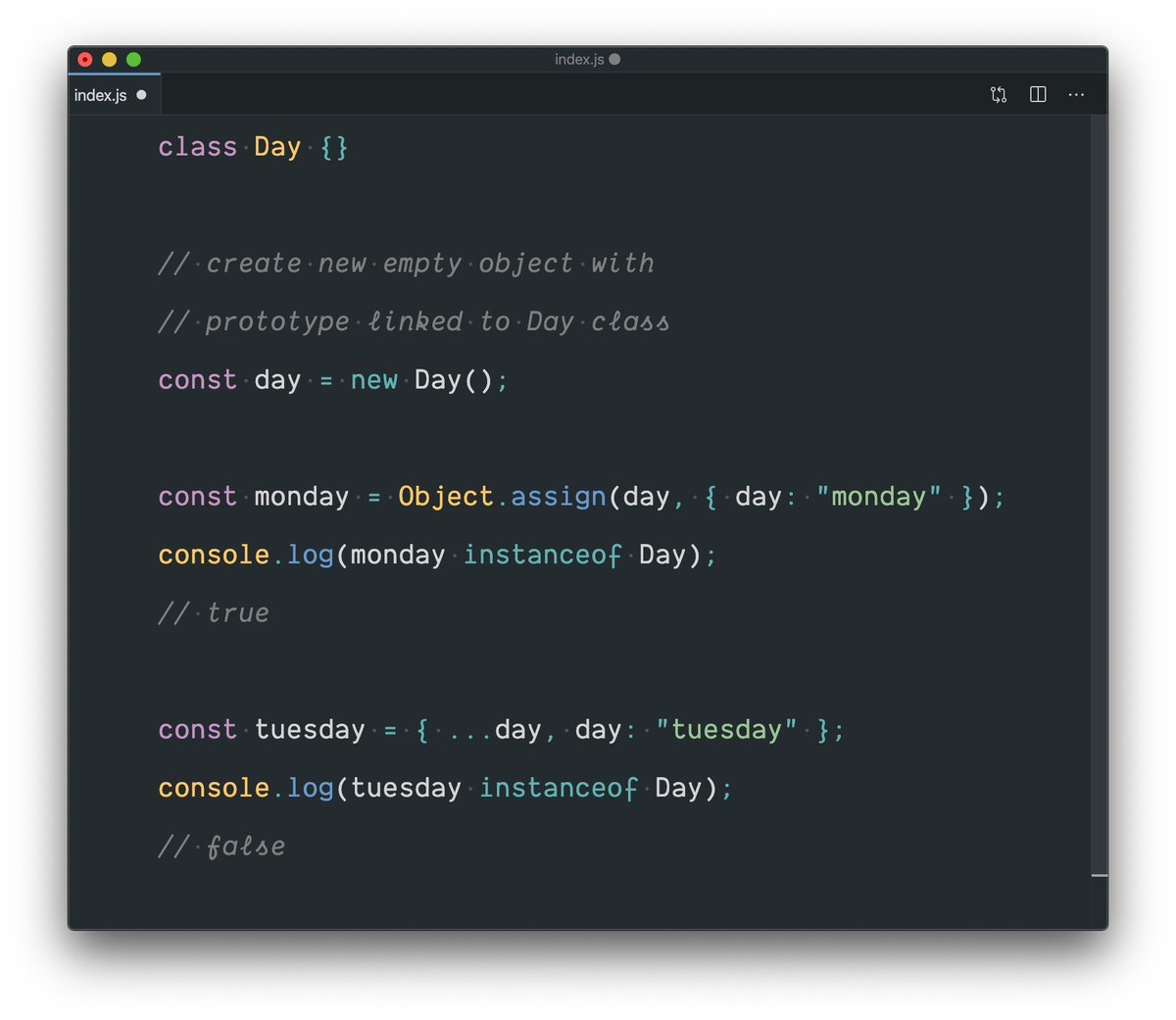 ‼️ TIL ‼️

Another difference between spread operator and  Object.assign. Object.assign carries over prototype, spread operator doesn't.

😉

This subject needs a blogpost. Coming soon…

#til #javascript #nodejs #typescript