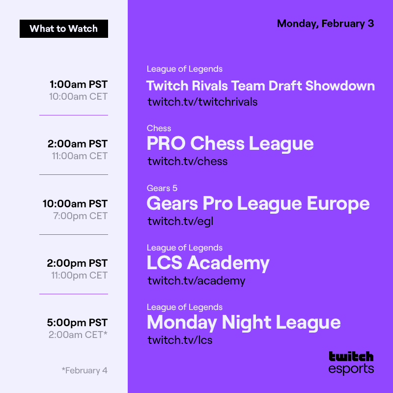 Monday, Feb. 3
*Feb. 4

League of Legends  Twitch Rivals EMEA Team Draft Showdown  /twitchrivals   1am pst   / 10AM CET

Chess  PRO Chess League   /chess     2AM PST / 11AM CET

Gears 5  Gears Pro League Europe    /egl    10AM PST / 7PM CET

League of Legends  LCS Academy   /academy     2PM PST / 11PM CET

League of Legends   Monday Night League    /lcs   5PM PST / 2AM CET*