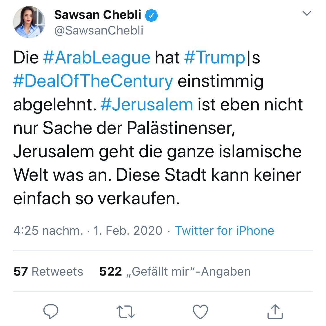 Niemand kann #Jerusalem verkaufen, denn es ist die Hauptstadt von #Israel!

#Chebli (#SPD) polarisiert nicht nur, sondern teilt (bewusst?) Denkstrukturen mit antisemitischen Muslimen.

Fakt ist, dass die #Araber wieder die Friedenshand ausgeschlagen haben.

#DealOfTheCentury