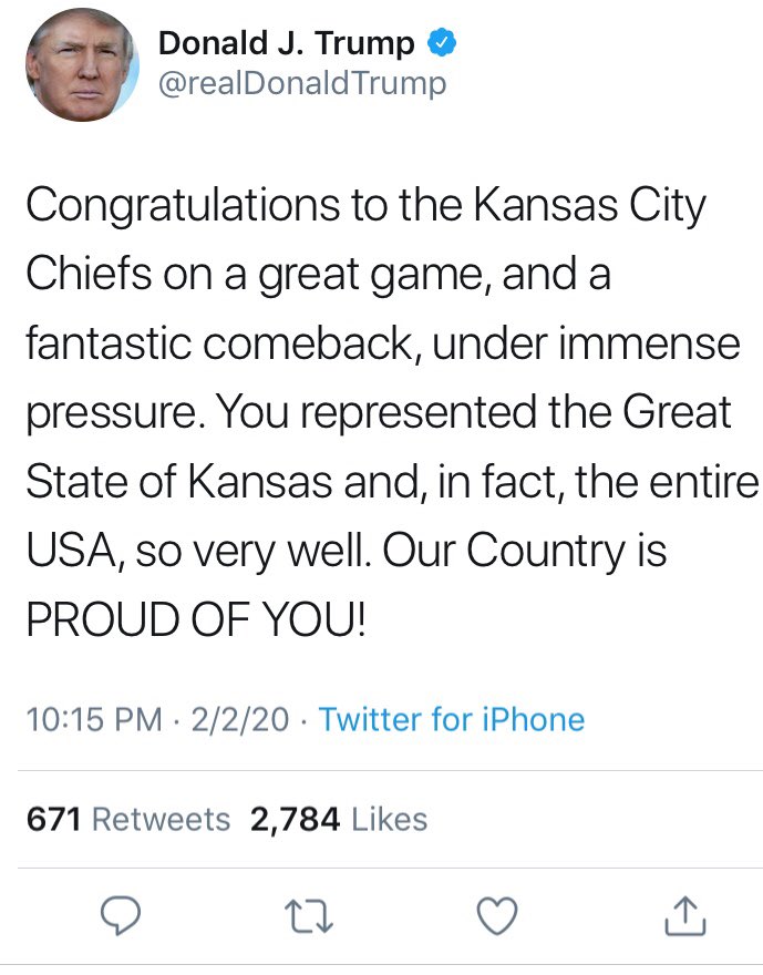 Dear people of #Missouri and #Kansas... Donald Trump (@realDonaldTrump) has no fucking idea who or where you are. Aren't you glad you voted for him?
#SuperBowl2020 #geographymatters #MAGA