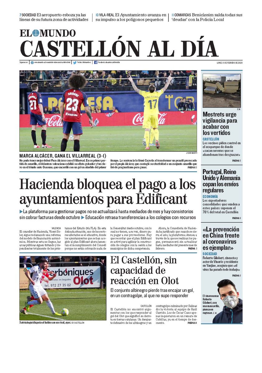 ximogorriz's tweet photo. Hoy lunes 3 en las #portadasdeCastellón, #desempleo #EPA @Haciendagob #Edificant @VillarrealCF @paco93alcacer @CD_Castellon #Cevisama #agricultura #costas #Mestrets @AjuntCastello #economía #coronavirus @CDTairport @ajvila @AytoBenicassim y más https://t.co/vuGhj5SdA8