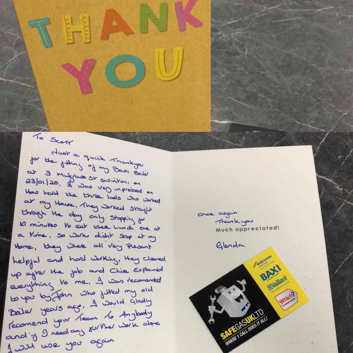 We love starting Monday’s on a positive note 😀 Thank you Glenda for this lovely card, it’s much appreciated &amp; we are so pleased you are happy 🙌🏻
.
.
.
#safegasuk #gas #boilers #salford #localbusiness #business #boilerreplacement #salfordbusiness #customerfeedback #customers