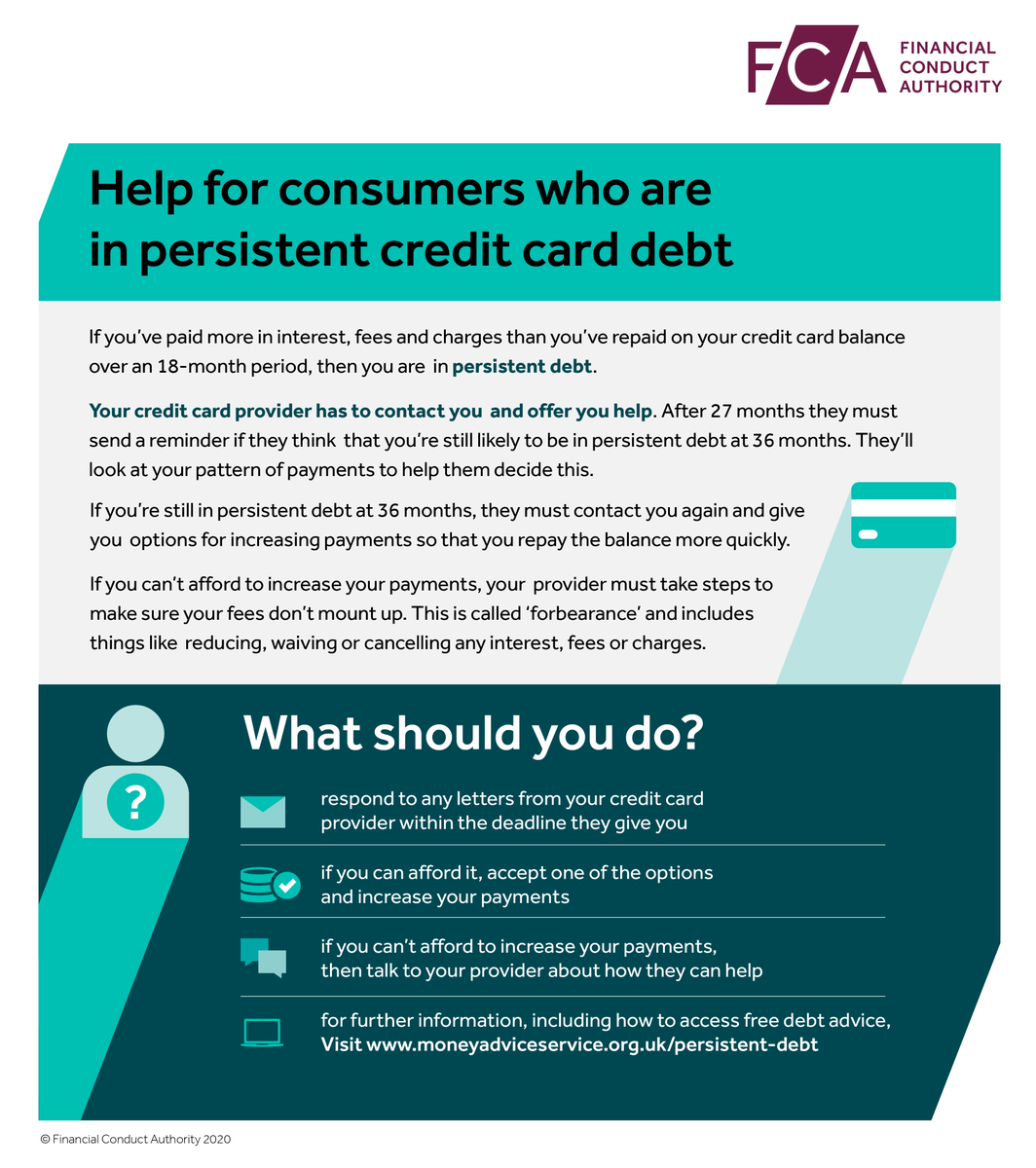 TheFCA's tweet photo. If you’re a consumer worried about being in persistent debt, then contact your card provider who should offer help https://t.co/NHvvvKDDHb