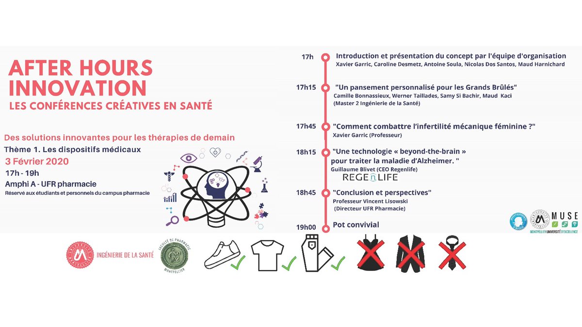 🚨 C'est aujourd'hui 🚨
Etudiants et personnels de la Faculté, venez participer à la 1ère session des #AfterHoursInnovation à 17h en Amphi A. 
3 présentations autour de l'innovation en Santé👩‍🎓👨‍🔬👨‍💼
👇 Consultez le programme