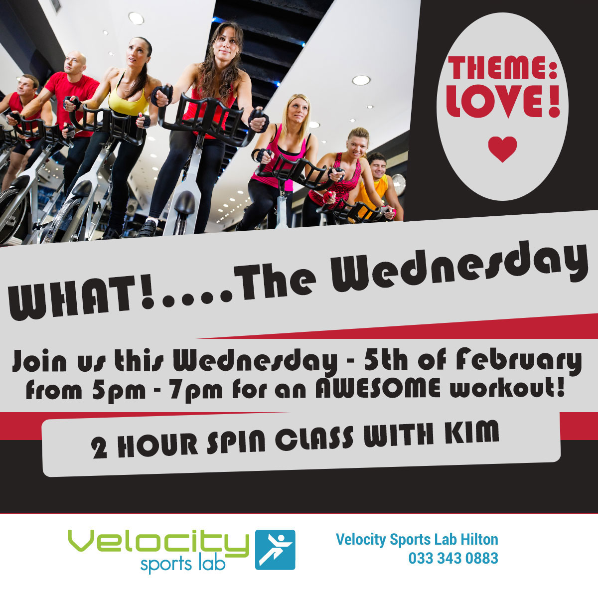 VSLHilton's tweet photo. WHAT!...The Wednesday! 

Join us this Wednesday at 5pm for an AWESOME 2 hour spin class with Kim! The theme is: LOVE! 

Hope to see you all there...😎💪🔥

#velocitysportslab #hilton #love #fitness #motivationalmonday #healthybody #spinning #exercise #fitness https://t.co/PDj788yRex