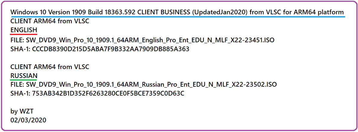 WZorNET's tweet photo. 😍📢We added 2 new #VLSC ISO's Windows 10 Version 1909 CLIENT #BUSINESS for ARM64❗️ platform, #VOLUME (#UpdatedJan2020) to WZT cloud👉https://t.co/PYhylN6Ioo
📋#UpdatedJan2020 with #KB4528760 -> https://t.co/bzdFVn9qsy = 18363.592.19h1_release_svc_prod1.200102-1718
👁️W.Z.T https://t.co/NgAACwNYr9