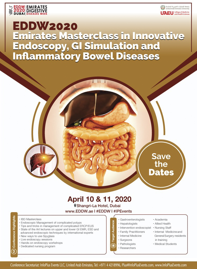 Save the Dates: 10&11 April in Dubai

#EDDW2020 is delighted to bring you the latest innovations in advanced #endoscopy with this year's theme, 'Masterclass in Innovative Endoscopy, #GISimulation & #InflammatoryBowelDiseases”

Reg @ bit.ly/Reg2EDDW

#IBDMasterclass