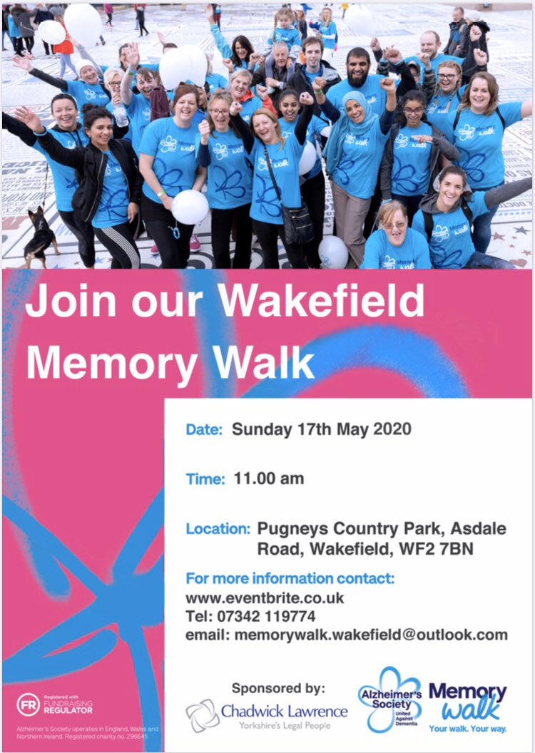 WalkMemory's tweet image. We’re delighted to announce that the 2020 Memory Walk will be taking place on Sunday the 17th of May. Join us for a walk around Pugneys Country Park to raise funds for the Alzheimer’s Society #Alzheimers #memorywalk