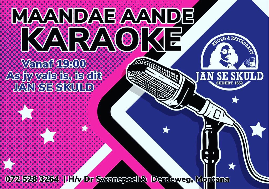 JSkuld's tweet photo. Karaoke elke maandag. En onthou as jy vals is, is dit als Jan se Skuld #janseskuld #karaoke #maandag #monday https://t.co/mJDby2SzgQ
