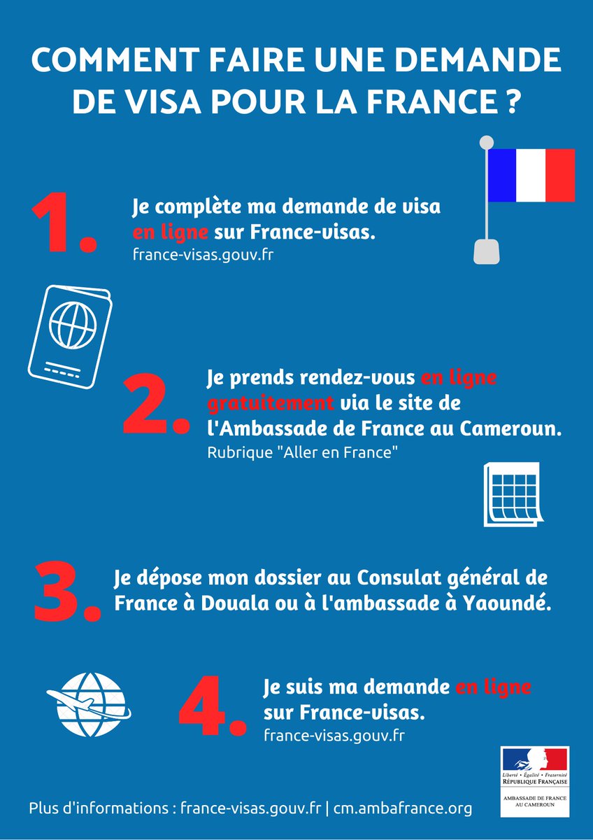 FRauCameroun's tweet photo. 📣 Nouvelle procédure de demande de #visas pour la #France🇫🇷 à partir d'aujourd'hui.
📆 RDV GRATUITS en ligne sur : https://t.co/wimZbd2eGT
➡️ Suivi du dossier de demande &amp; informations : https://t.co/c0Bc7yTDlk https://t.co/kZn599eOWa