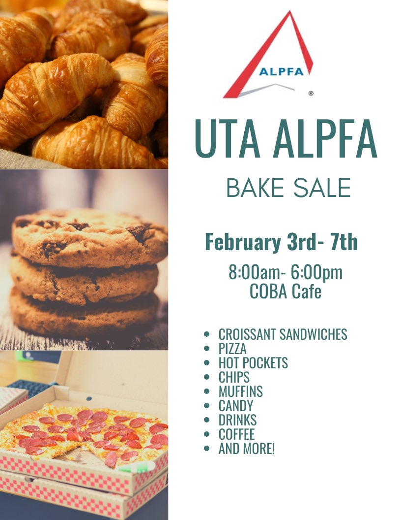 UTAALPFA's tweet photo. Good morning, everyone! Come get some food at ALPFA’s bake sale! We will be there until Friday 😋 #alpfa #utabusiness https://t.co/lcSMskGGGA