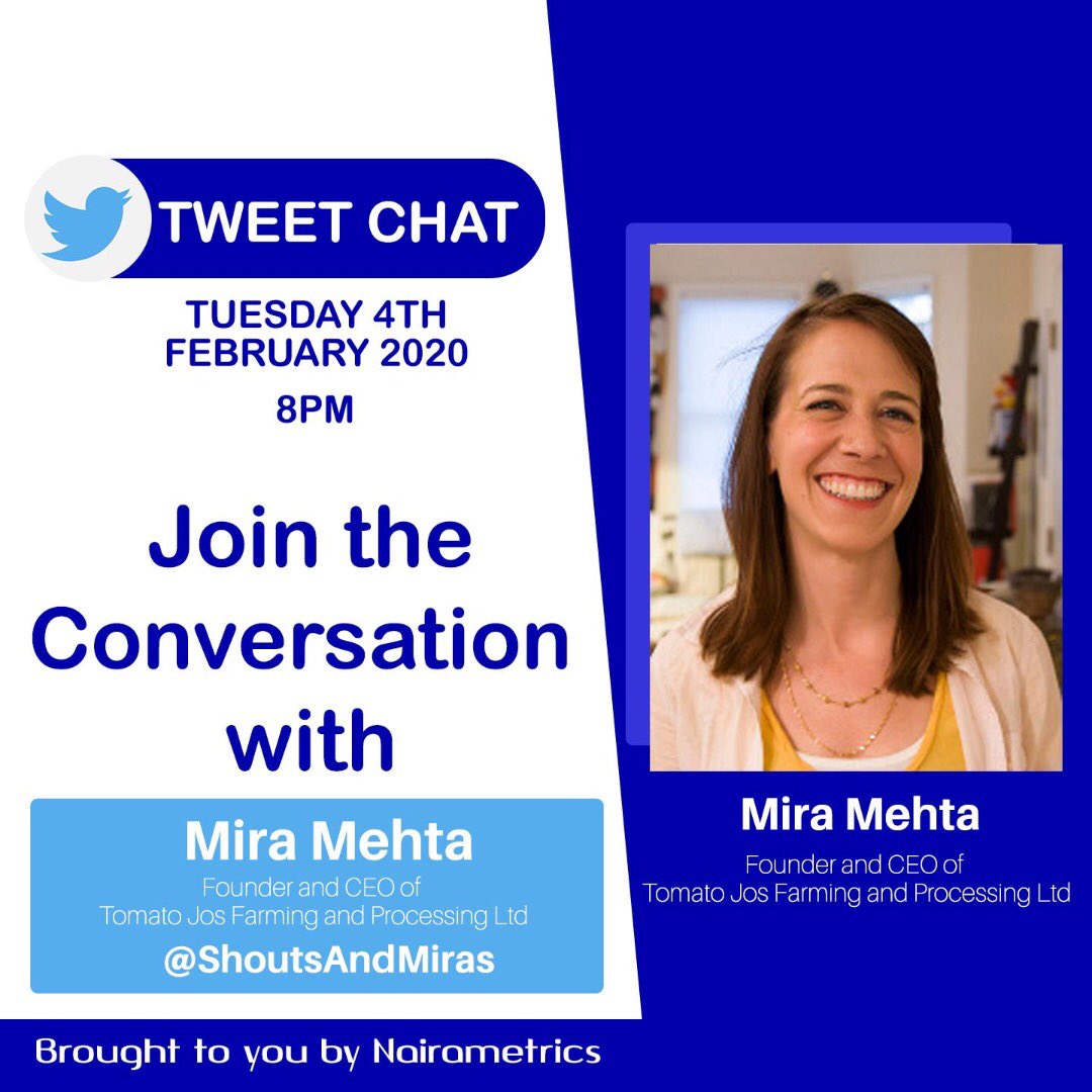 Nairametrics's tweet photo. Hello everyone!
On Tuesday 4th of February 2020, the @Nairametrics Team will be hosting a special tweet chat with Mira @ShoutsAndMiras founder and CEO of Tomato Jos (@TeamTomatoJos)
We’ll be answering all the questions you ask using the hashtag #Nairametricstweetchat #AskMira https://t.co/h4hYvspjjv