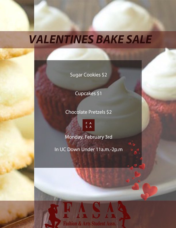FASACMU's tweet image. In the mood for some treats?😋 FASA got you!
.
.
.
Stop by and pick up some delicious valentine’s theme baked goods from us TODAY from 11:00-2:00pm in the UC down under! 💕