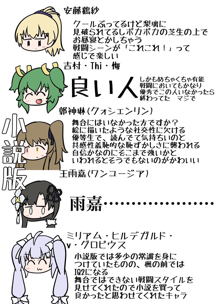 舞台アサルトリリィを観たあとで小説版を読んだオタクの各キャラに対する印象です 