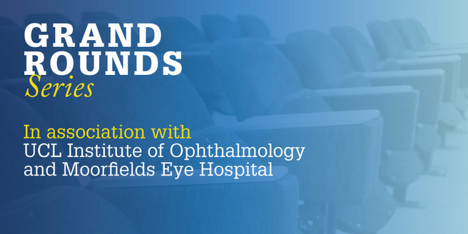 This is a decorative image used to promote the event linked to in the tweet. It has a photograph of faded lecture theatre seats in the background. The text says 'Grand Rounds Series' In association with UCL Institute of Ophthalmology and Moorfields Eye Hospital.