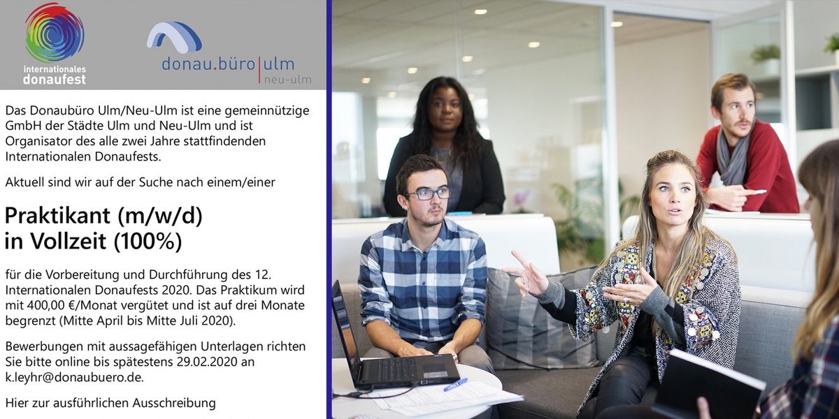 Wir sind aktuell auf der Suche nach tatkräftiger Unterstützung in Form eines Praktikanten (m/w/d) für die Vorbereitung und Durchführung des 12. Internationalen Donaufestes 2020. 
Näherer Infos unter: bit.ly/36S1umn