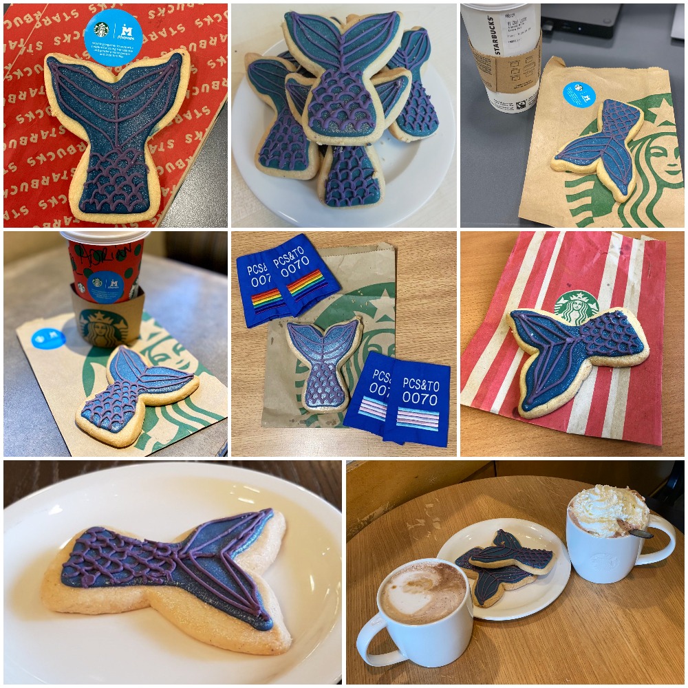 A collage of mermaid tail cookies, showing cups of coffee and cookies in the shape of a mermaid tail on plates