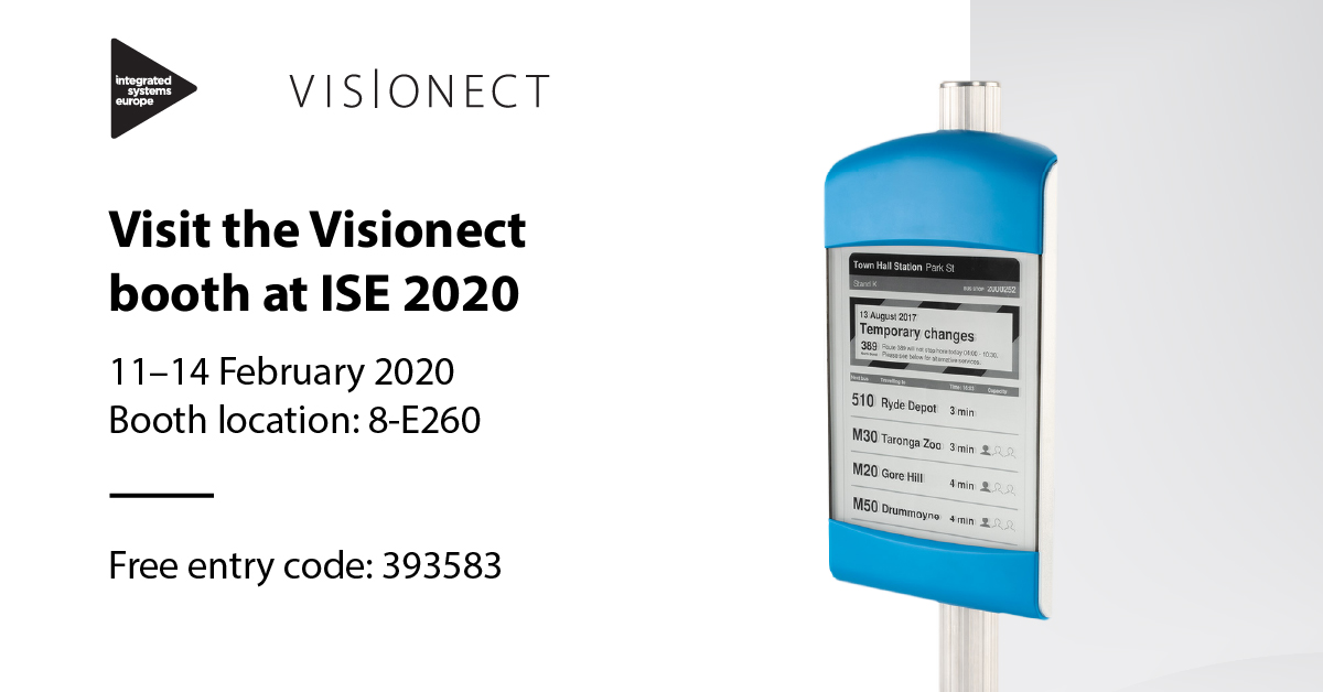 visionect's tweet photo. Heading to Integrated Systems Europe? Stop by booth 8-E260 and check out the best outdoor solutions e-paper technology can offer.

Get a free entry code for the event at https://t.co/qesTw5y2QX
See you there! #ISE2020 https://t.co/rMoBZ47B07