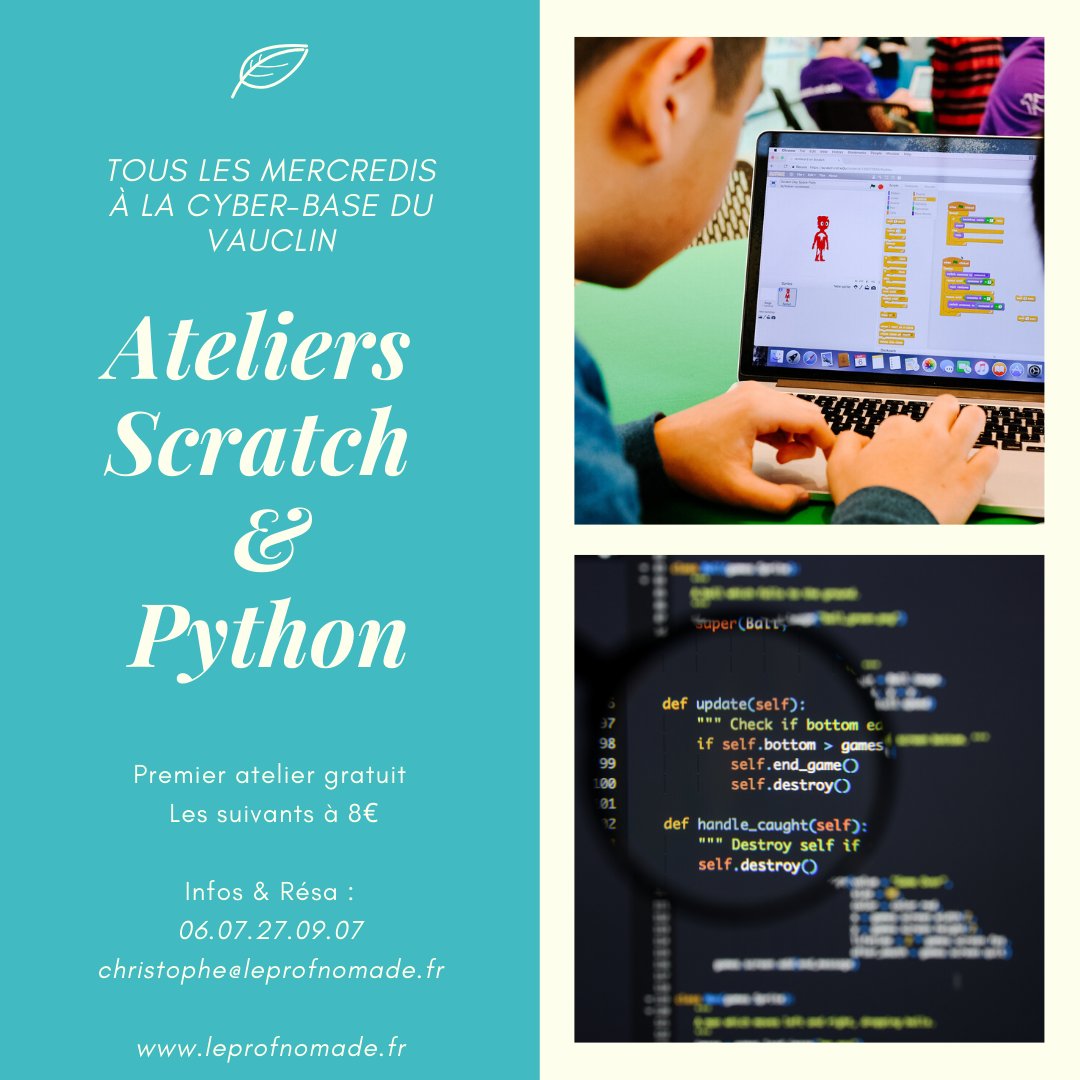CRidarch's tweet photo. Ateliers de découverte de Scratch & Python, tous les mercredis à la cyber-base du Vauclin !
Le premier atelier est gratuit et les suivants sont à 8€ chacun.
Infos & résas : 06.07.27.09.07 / christophe@leprofnomade.fr
#Scratch #Python #LeProfNomade #Ikigai #Martinique https://t.co/QYJnGvs6AH