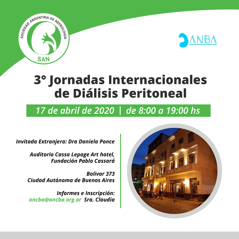 SocArgNefrologa's tweet photo. Novedades 2020!
3° Jornadas Internacionales de Diálisis Peritoneal
17 de abril de 2020, de 8:00 a 19:00 hs
Bolivar 373, Ciudad Autónoma de Buenos Aires
Informes e Inscripción: ancba@ancba.org.ar https://t.co/pDbb1jhilZ