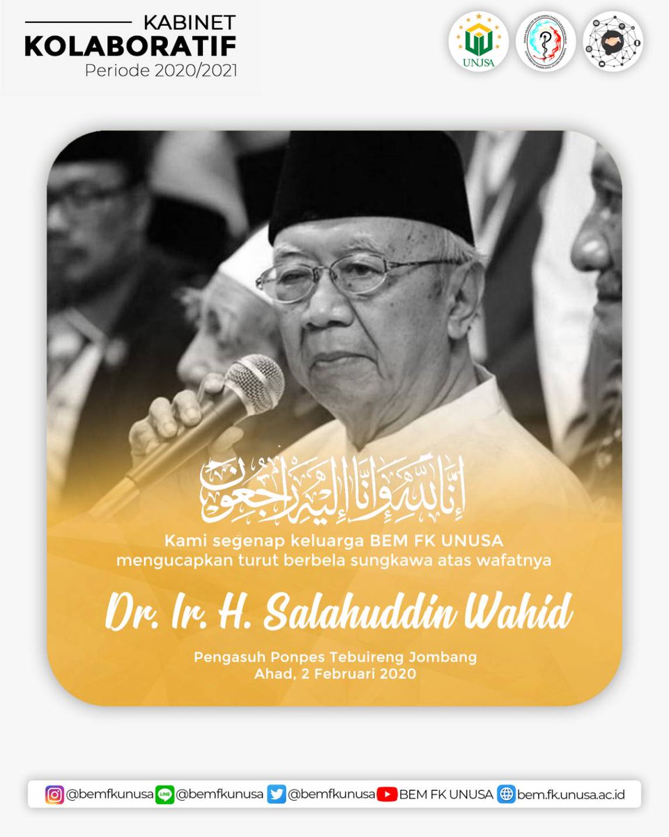 BemFkUnusa's tweet photo. [NU Berduka]

Salah satu tokoh bijaksana,santun dan kharismatik meninggalkan bangsa Indonesia. Turut berduka cita yang sendalam-dalamnya atas wafatnya K.H.Salahuddin Wahid (Gus Sholah). Semoga beliau khusnul khusnul khotimah. Amiin

#KABINETKOLABORATIF
#BEMFKUNUSA
#FKUNUSA
#UNUSA https://t.co/Dixxy58dTw