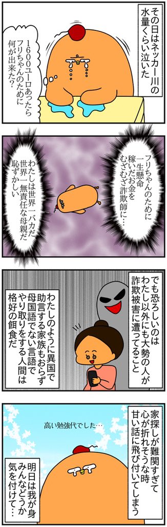 ドイツの家探し詐欺にあって1600ユーロ失ったお話③
・人を心が弱っている(この場合は、引っ越し先が見つからず焦っていたりする)と必ず隙が出来る
・海外で・外国語でやり取りをしていると、相手が不自然に怒っても「わたしが悪かったのかも?」と思ってしまいがち
みんなも気を付けて!
