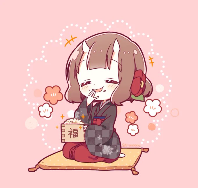 今日は節分ですね小鬼は豆をいっぱい食べられて満足そうです 