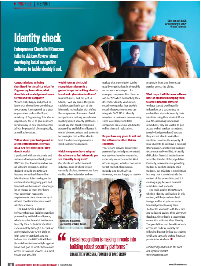 bacehq's tweet photo. We are honored to be featured on the latest news in the February 2020 @AfricanReview, The most successful Pan-African business publication.
Download your copy/Page 16 https://t.co/mimQdy9O4X and read more about the use and impact of #BACEAPI.
@RAEngGlobal #bacegroup #AfricaPrize https://t.co/ZmoHgr80ST