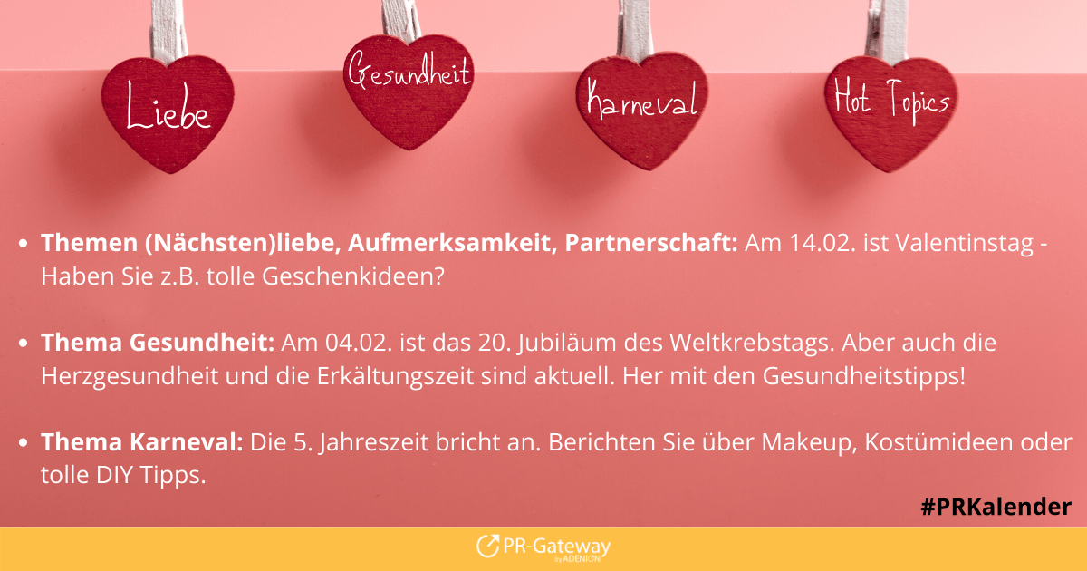 Blog2Social's tweet photo. Hot Topics im Februar-Diese Themen sind jetzt aktuell:
- Liebe: Vergessen Sie am 14.02. nicht den Valentinstag
- Gesundheit: am 04.02. feiert der Weltkrebstag 20. Jubiläum
- Karneval: Die 5. Jahreszeit ist da

#PRKalender #HotTopics #ContentTipps #To https://t.co/2aew5DVE3L https://t.co/jEuvkVNCTu