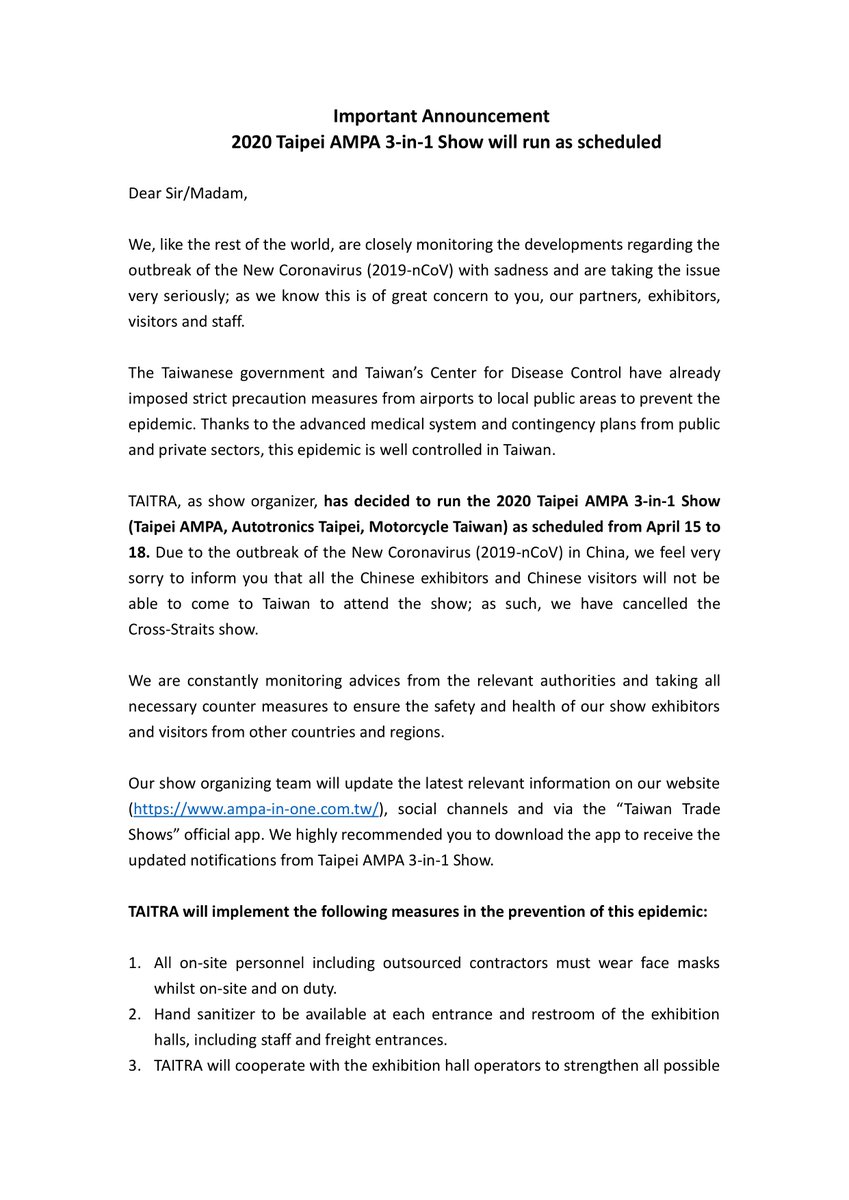 TAIPEIAMPA's tweet photo. ⚡️STATEMENT FROM AMPA⚡️
 #TaipeiAMPA #AutotronicsTaipei #MotorcycleTaiwan will continue as scheduled (April 15-18). All necessary precautions will be taken to ensure everyone's safety from the #coronavirus 

Updates will be posted here and our website: https://t.co/tErASCardw https://t.co/4zMUopLBdv