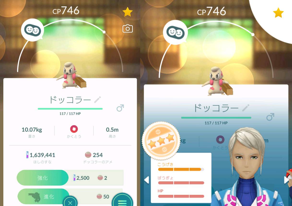 溝口 泰成 ドッコラーのアメが 250個たまったので 個体値98ドッコラーを 個体値98ローブシンにまで 一気に進化させました ドテッコツを進化させるとき 交換ならアメ無しだよ ってメッセージ出たけど ３枚目 交換すると個体値変わっちゃうから 結局