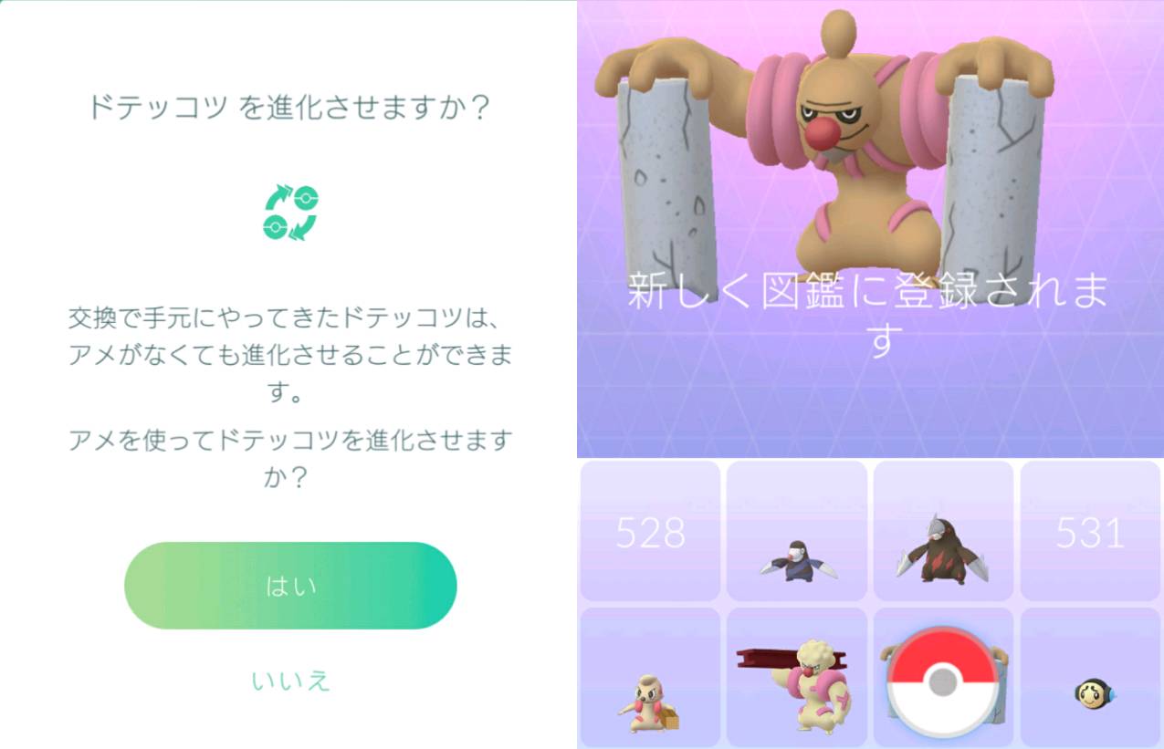 溝口 泰成 ドッコラーのアメが 250個たまったので 個体値98ドッコラーを 個体値98ローブシンにまで 一気に進化させました ドテッコツを進化させるとき 交換ならアメ無しだよ ってメッセージ出たけど ３枚目 交換すると個体値変わっちゃうから 結局