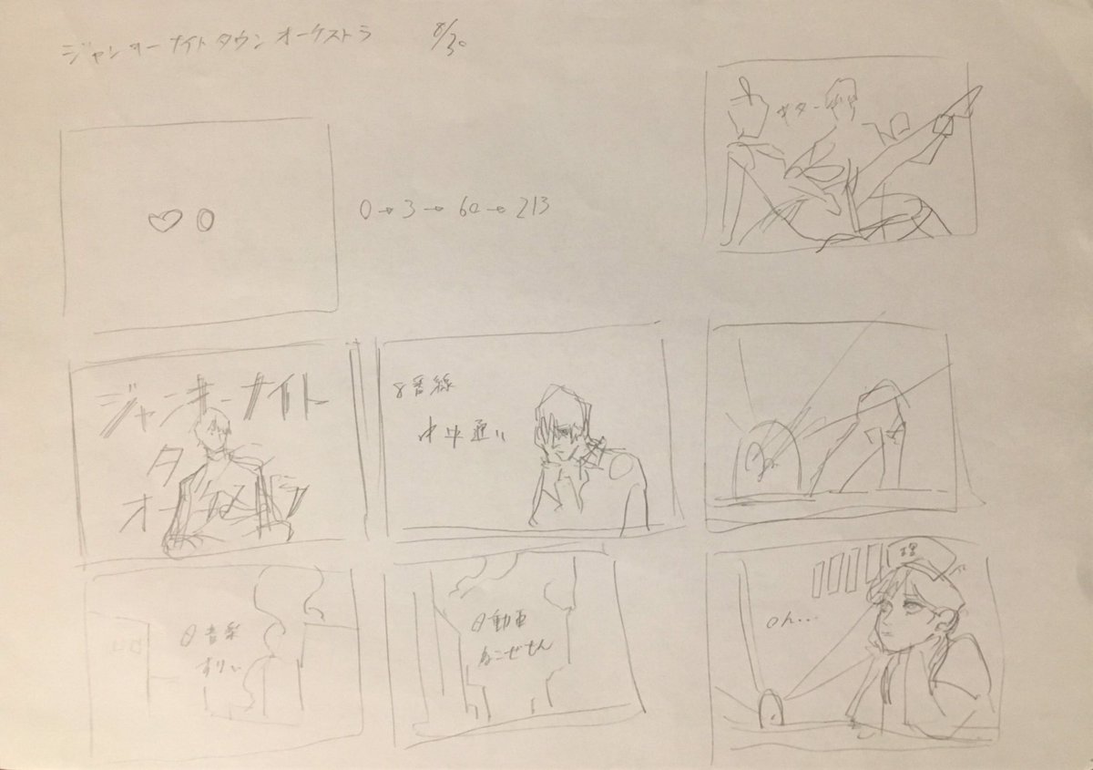 ジャンキーナイトタウンオーケストラ、MV制作最初のほう。とにかく忘れないように思いついたことは描くようにしてた。すりぃさんにいただいたテーマ、歌詞、音を元に、第一印象でイメージした絵を描いてる感じ。実はナースはすりぃさんに指定されたキャラではないのでこの時点で勝手に描いちゃってる。 